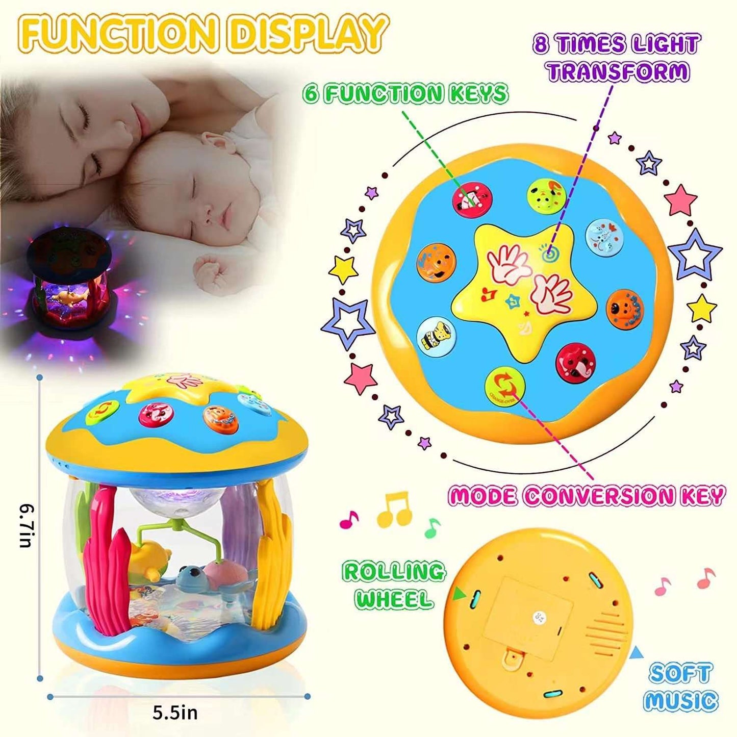 Baby Toys 6 to 12 Months, 4 in 1 Musical Rotating Projector, Tummy Time Light Up