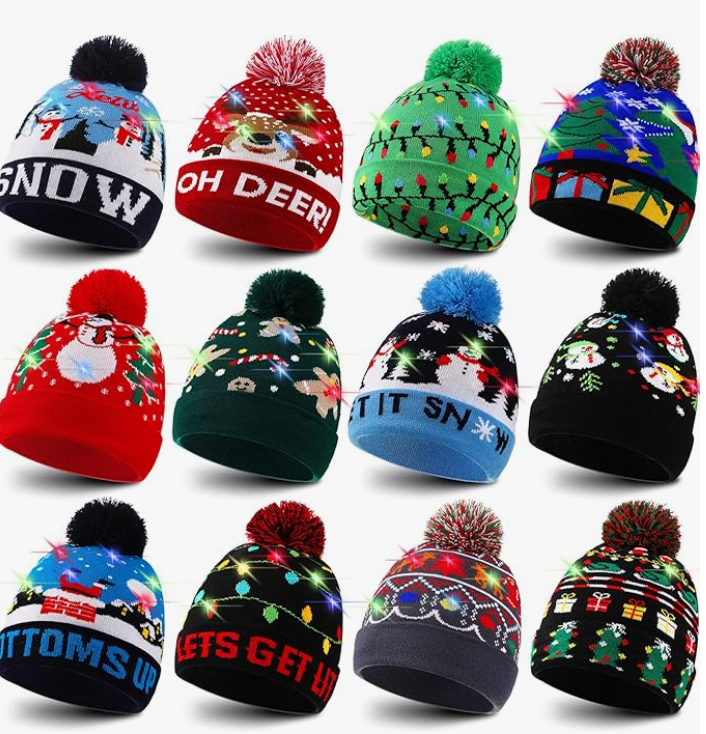 12 pcs LED Light Up Christmas Beanie Foldable Knitted Hat For Children, Adults.