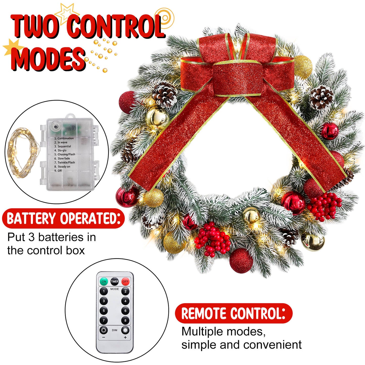 17" Christmas Wreath with 40 LED lights, Hanger/ Remote