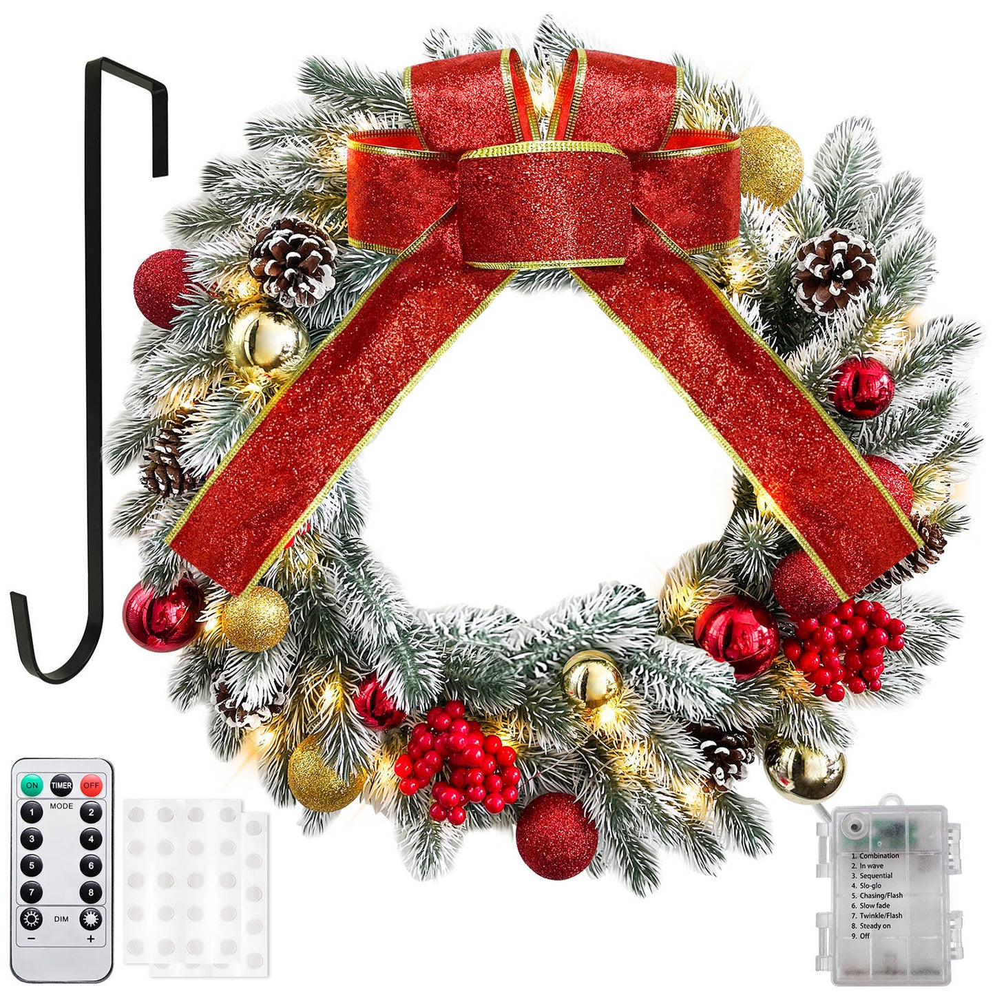 17" Christmas Wreath with 40 LED lights, Hanger/ Remote