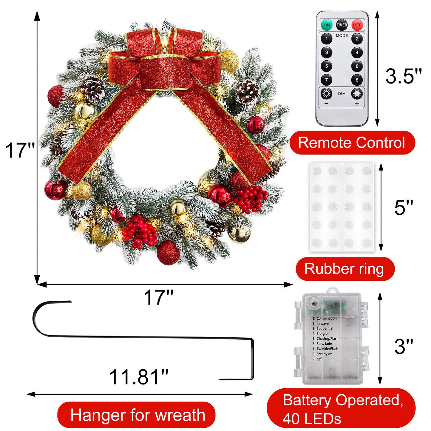 17" Christmas Wreath with 40 LED lights, Hanger/ Remote