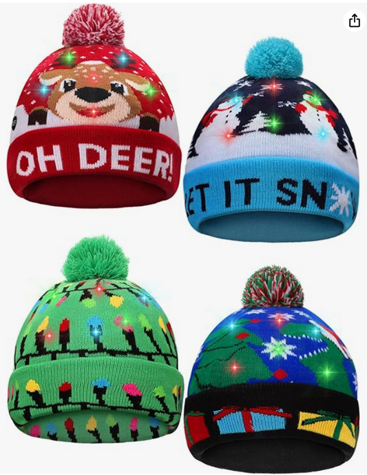 4pcs Christmas Light-up Knitted Beanie Cap Christmas Ugly Sweater LED Hat