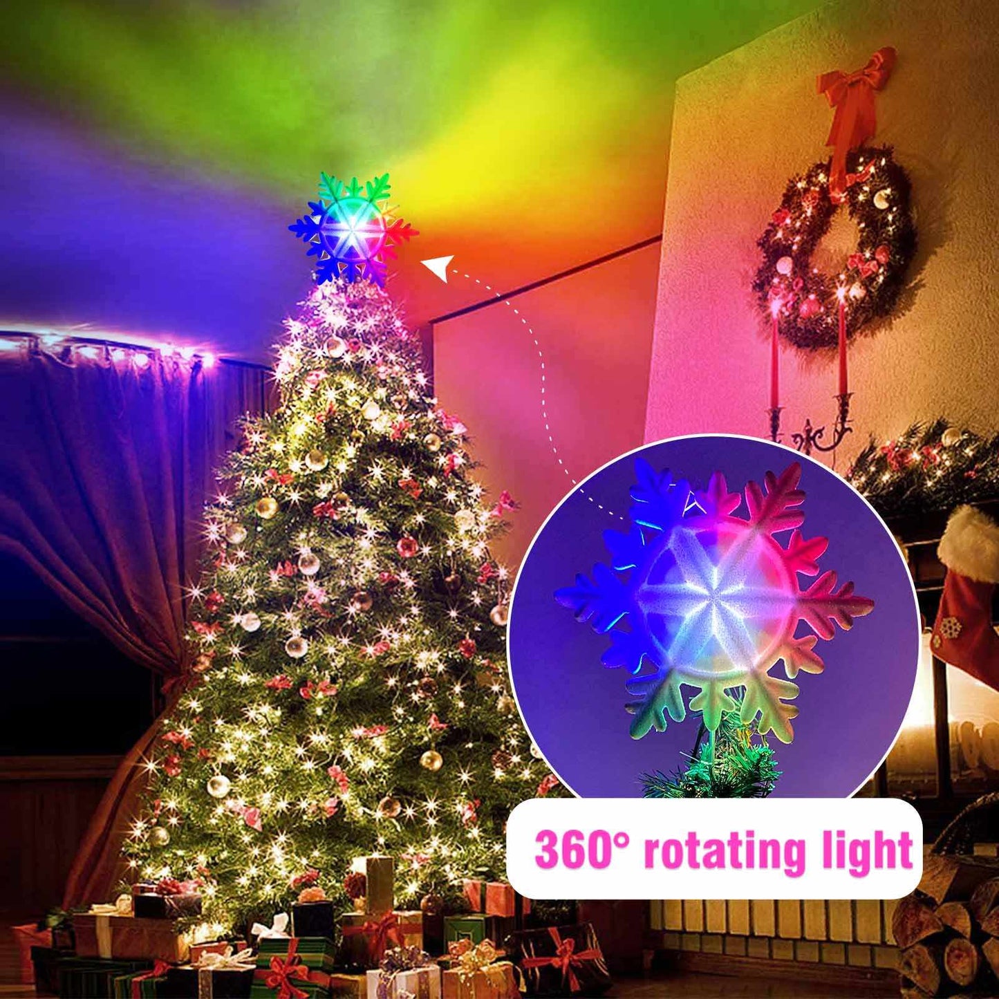 Christmas Tree Topper Lighted Snowflake Projector LED Rotating (Neon)