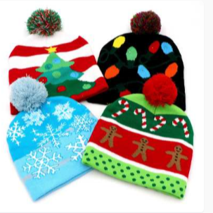 (16 pcs) Christmas Beanie Hat, with Lights, Winter Snow Knitted Hats with Lights