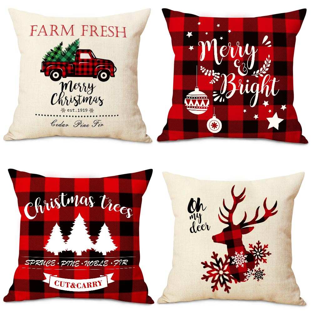 4pcs Christmas Throw Pillow Cover Xmas Tree Pillowcase  Cushion Case Decor