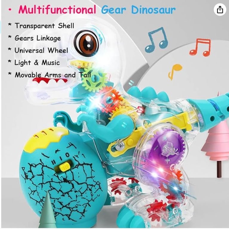 Dinosaur Light Up Transparent Toys for Kids 3-5, with Visible Moving Color Gears