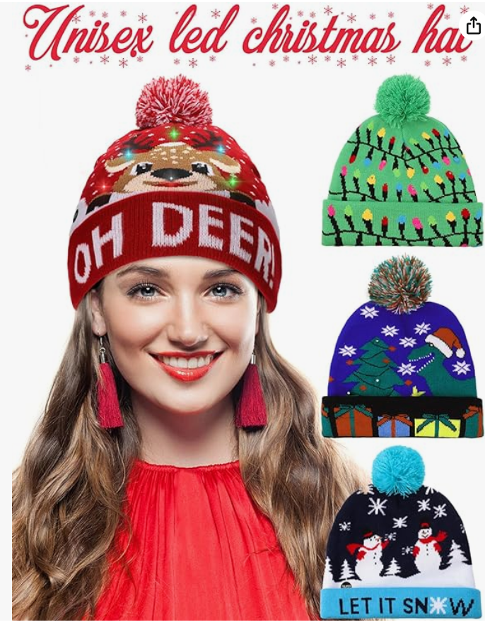 4pcs Christmas Light-up Knitted Beanie Cap Christmas Ugly Sweater LED Hat