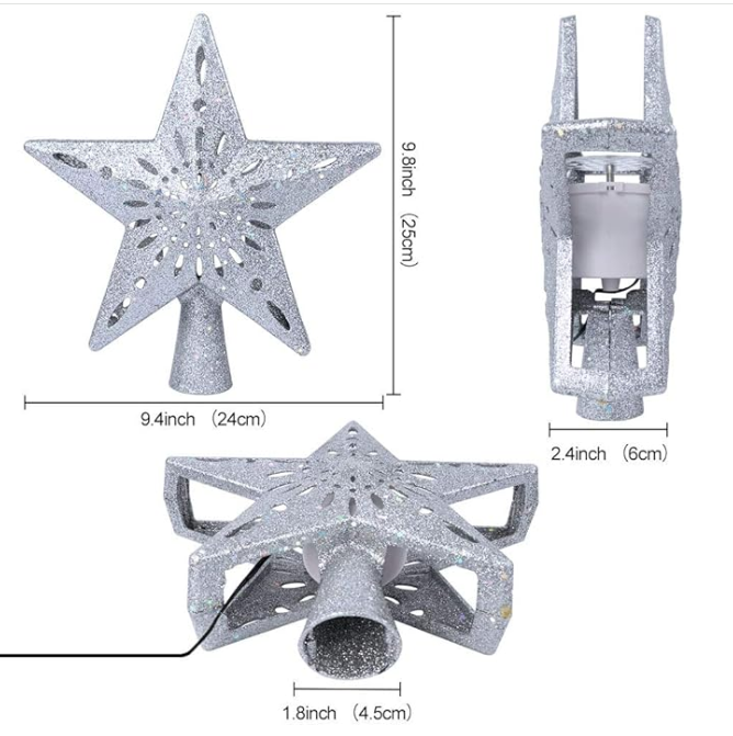 Christmas Tree Star Topper With 3D Snowflake Projection LED Silver