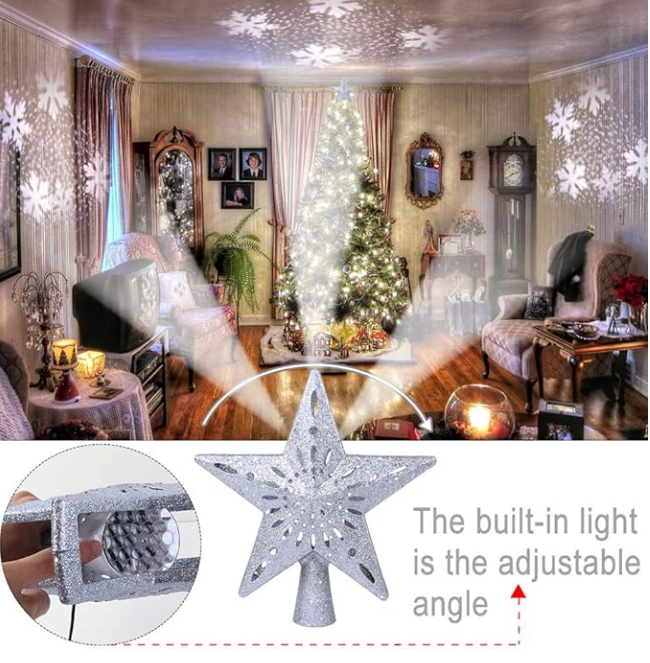 Christmas Tree Star Topper With 3D Snowflake Projection LED Silver