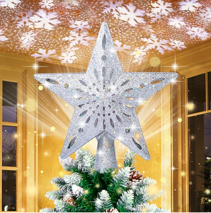 Christmas Tree Star Topper With 3D Snowflake Projection LED Silver