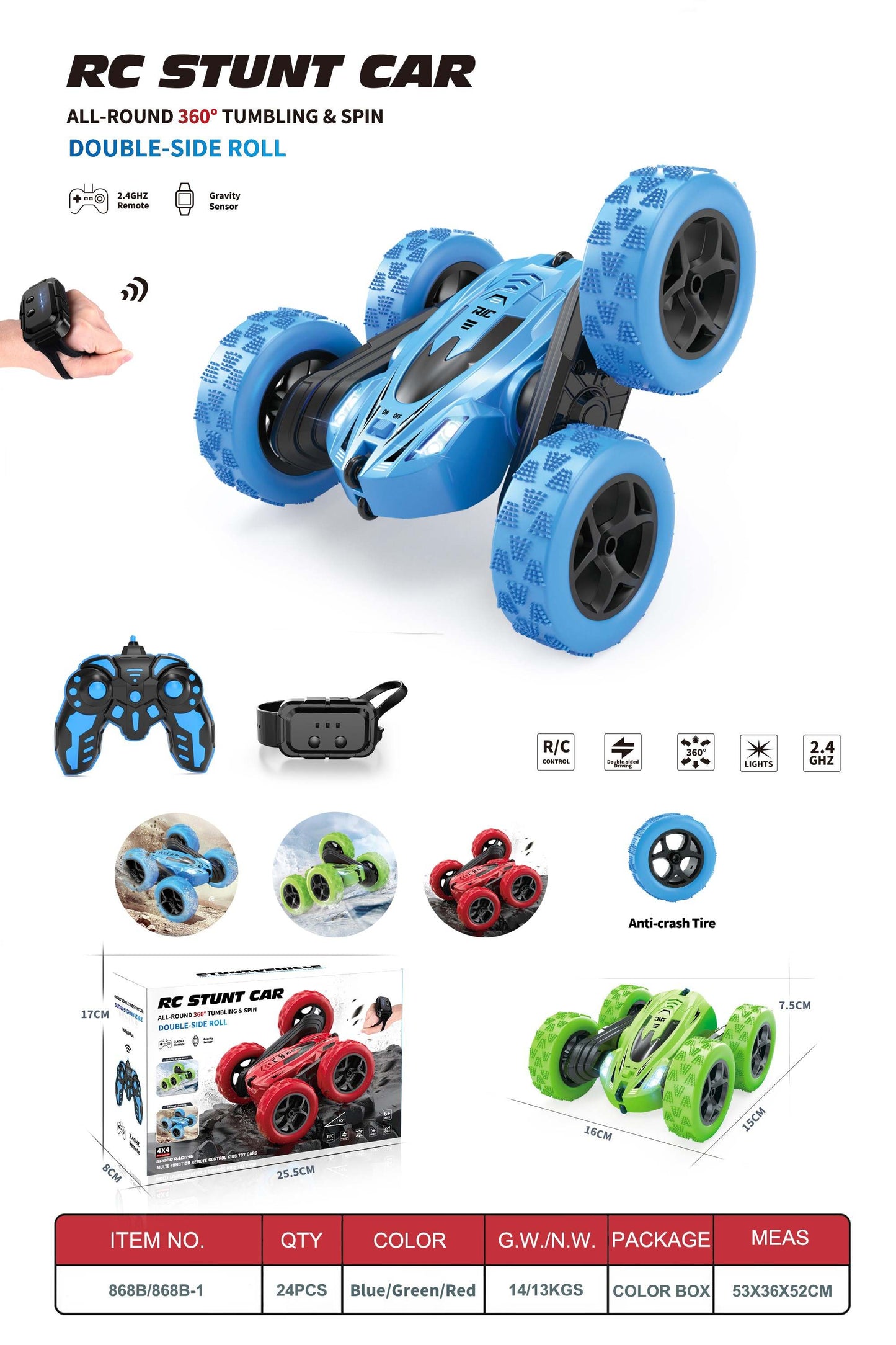 Remote Control 360 Degree Rotation RC Stunt Car Double Sided Flip 2.4Ghz Kids