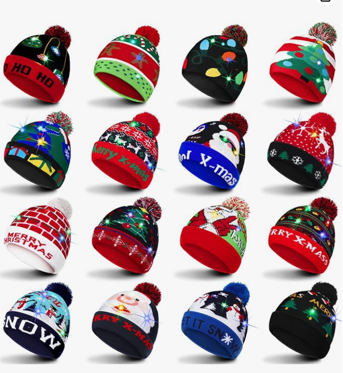 (16 pcs) Christmas Beanie Hat, with Lights, Winter Snow Knitted Hats with Lights